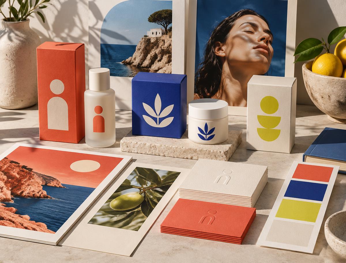 Illustrative brand identity concept with packaging and print materials